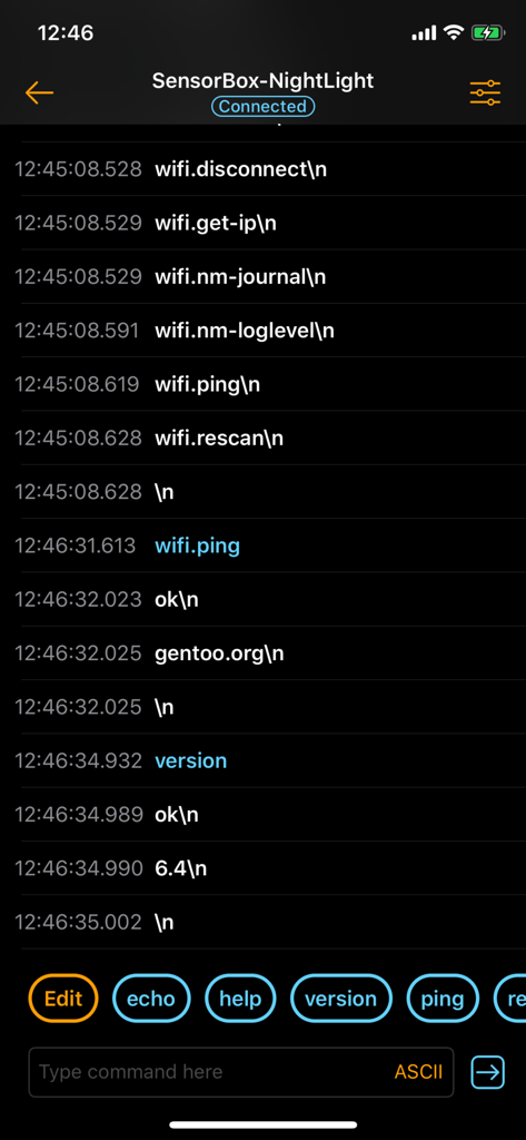BLE Terminal - bluetooth tools - Aplicación BLE Terminal que muestra un registro de terminal de comandos ASCII y respuestas de un dispositivo Bluetooth conectado
