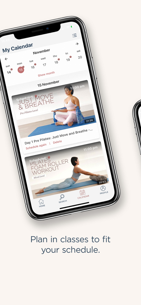 Flow with Mira Pilates - Flow with Mira Pilates app calendar showing scheduled home workout classes