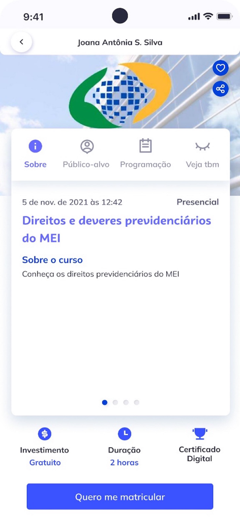 Sebrae - Bildschirm der Sebrae-App mit Informationen zu einem kostenlosen Kurs über Sozialversicherungsrechte für brasilianische Unternehmer