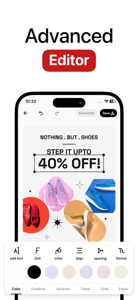 Poster Maker Flyer Maker Posta - Posta app advanced editor interface for creating a shoe sale flyer