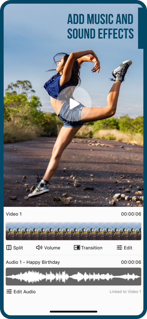 Add Music to Video :cut editor - Mobile app interface showing video and audio editing tracks for adding music and sound effects to a video clip