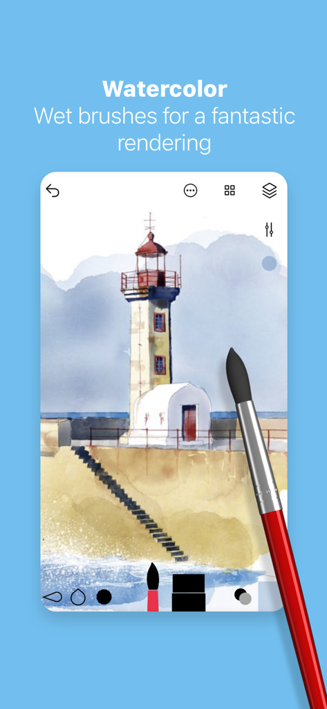 Tayasui Sketches - Digital watercolor painting of a lighthouse created with realistic wet brushes in the Tayasui Sketches app