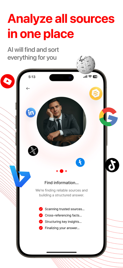 CheaterBuster AI - Deep Search - Interfaz de la aplicación CheaterBuster AI que muestra la función de búsqueda profunda analizando múltiples fuentes de redes sociales y web con una lista de verificación de progreso.