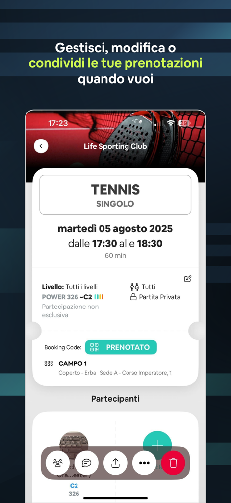 Arena ONE app screen showing a tennis court booking confirmation with time and date.