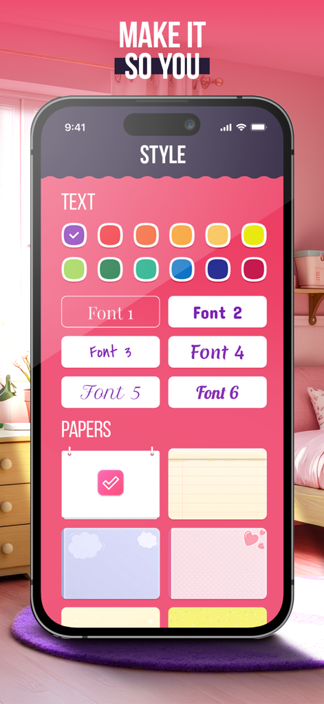 My Super Secret Diary Notes - Style customization menu for personalizing diary entries with different fonts colors and paper backgrounds