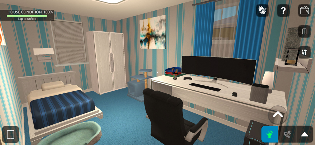 Un intérieur de chambre avec un bureau moderne et un arbre à chat dans le jeu de simulation House Designer.