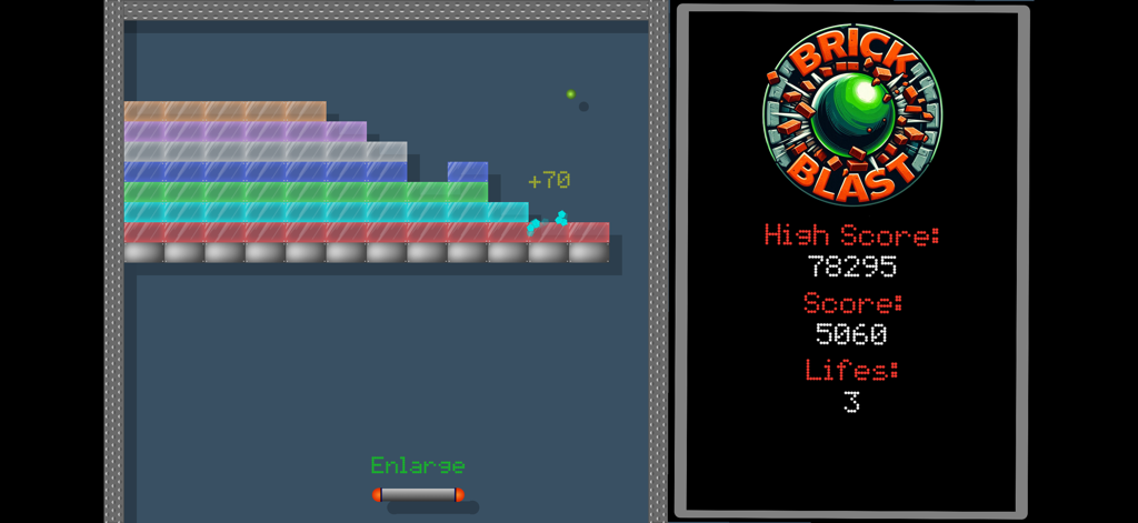 Gameplay of Brick Blast showing a colorful brick-breaking stage with a score panel and lives indicator