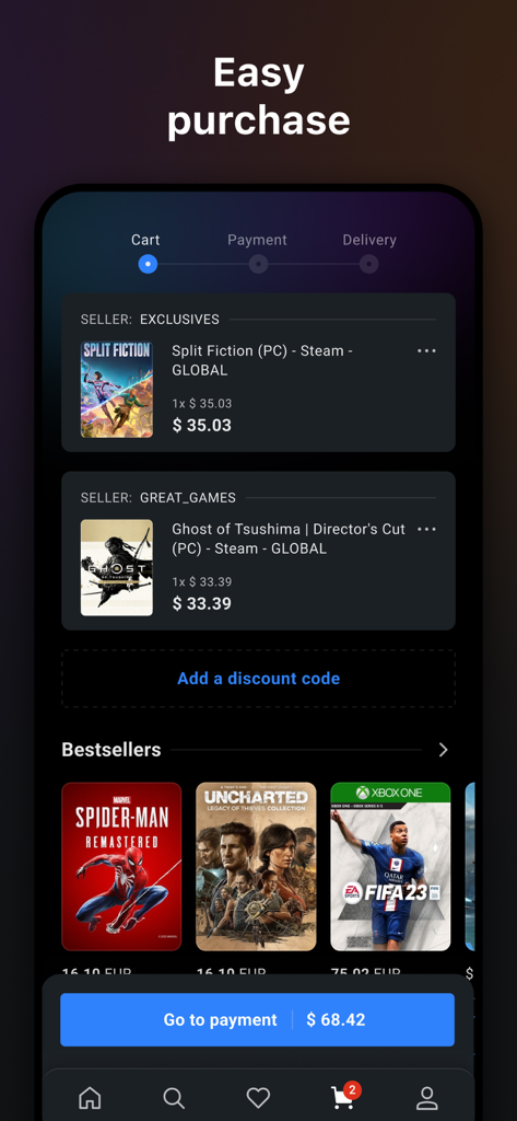 G2A Mobile App-Checkout-Bildschirm mit digitalen Spiele-Keys im Warenkorb und einer Bestseller-Liste.