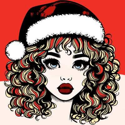 realistic girl with a santa hat curly hair and lips
