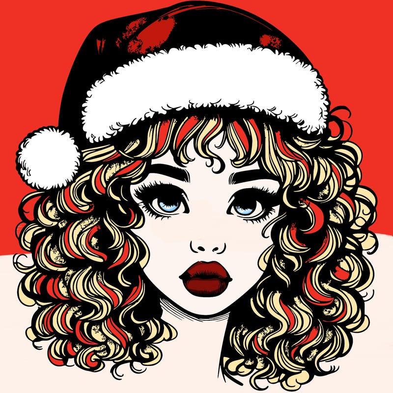 realistic girl with a santa hat curly hair and lips