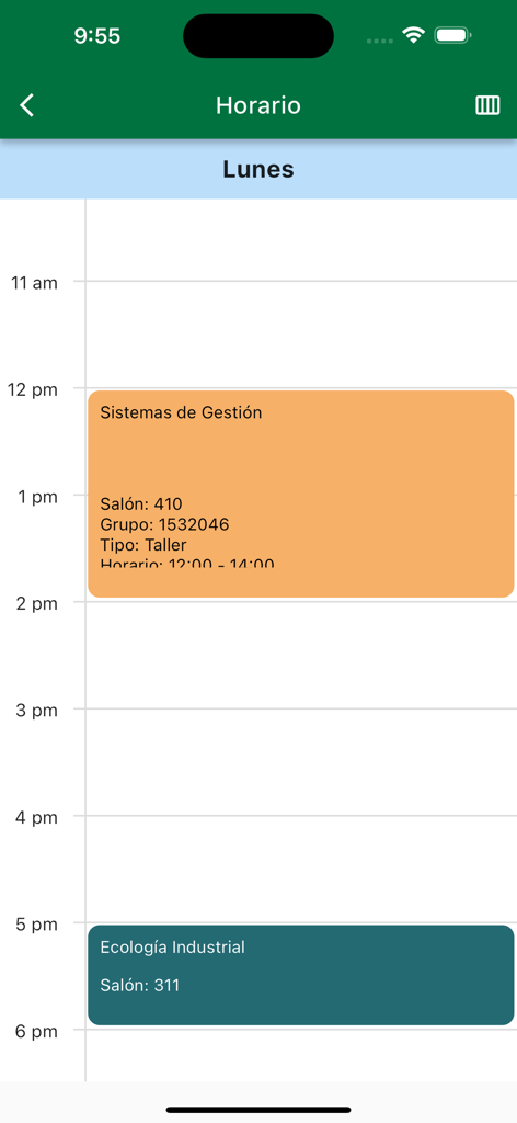 Estudiantes UABC - Screenshot of the Estudiantes UABC mobile app showing a student's class schedule for Monday.