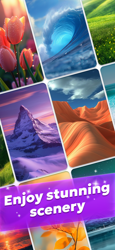 Word Search Pro‧ - Una colección de hermosos fondos de naturaleza que incluyen montañas, olas del mar y flores utilizados en la aplicación Word Search Pro