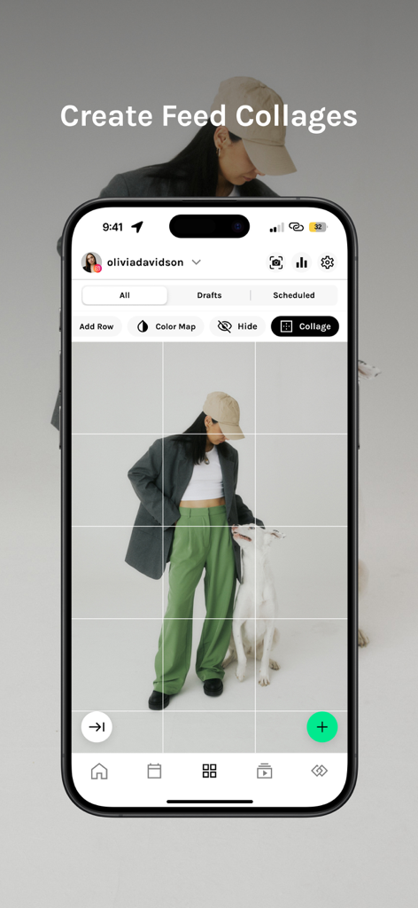 UI de la aplicación UNUM mostrando la creación de un gran collage de cuadrícula para una vista previa del feed de Instagram