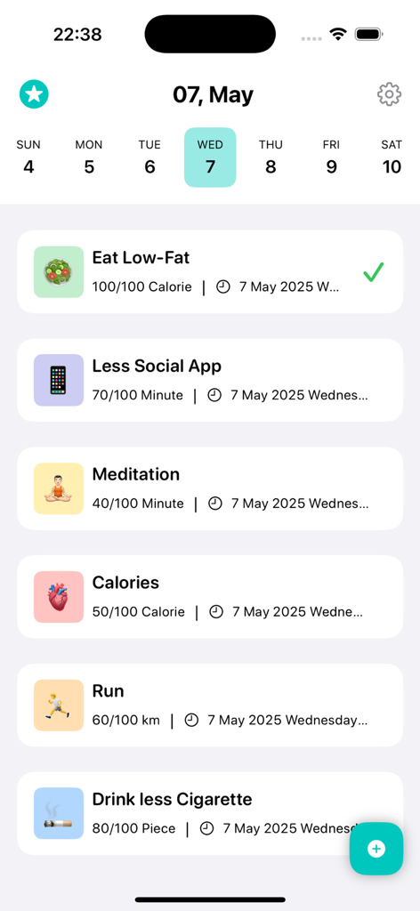 Habitify: Goals Tracker - Habitifyの毎日の習慣リスト。食事、ソーシャルメディアの使用、瞑想、カロリー、ランニング、健康目標の進捗バーが表示されています
