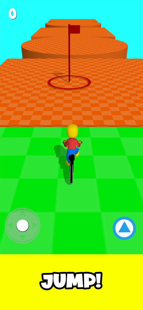 A character riding a bicycle on a checkered obstacle course toward a red checkpoint flag.