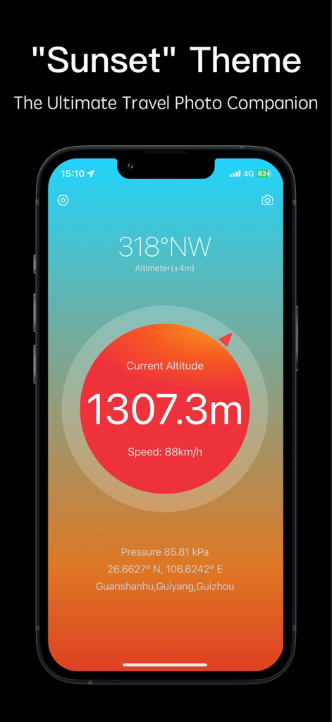 Interfaz de la aplicación de brújula y altímetro GPS mostrando altitud y coordenadas actuales con un elegante tema de gradiente de atardecer