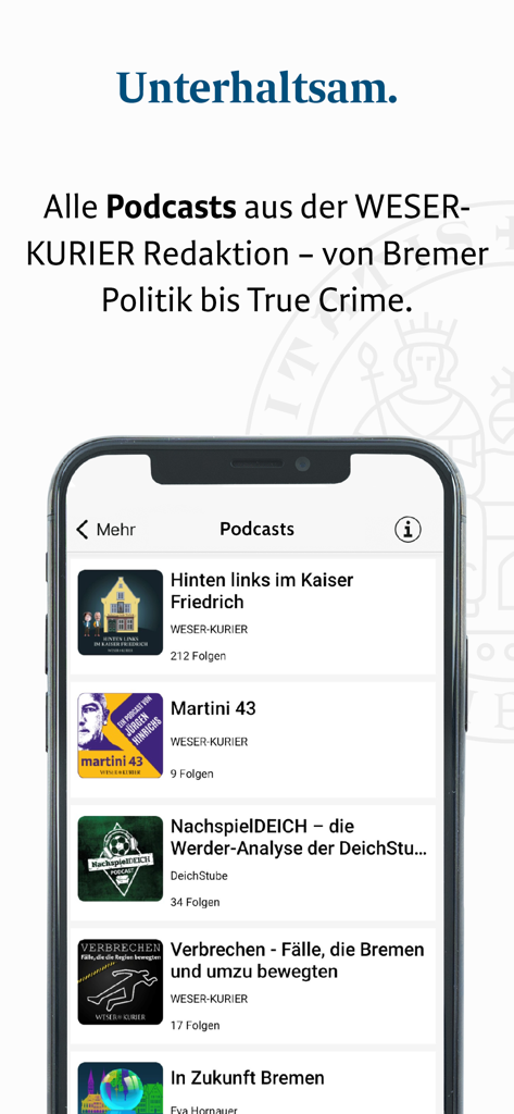 WESER-KURIER E-Paper - Capture d'écran montrant une liste de podcasts allemands disponibles dans l'application WESER-KURIER E-Paper.