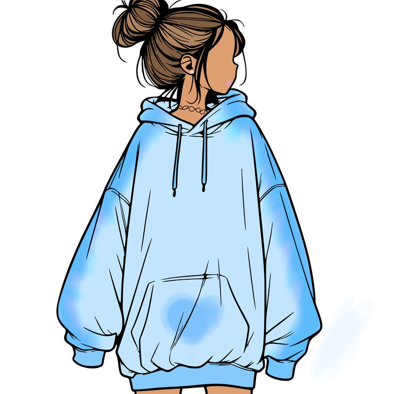 realistic girl with a oversized sweatshirt on and a bun