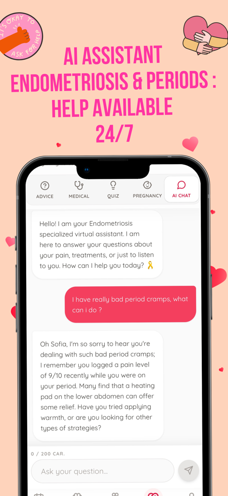 EndoCare : Endo/Period Tracker - EndoCare mobile app screen showing the 24/7 AI assistant chat for endometriosis and period pain relief
