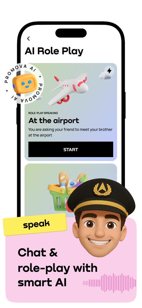 Promova: Language Learning App - Promova 앱 인터페이스, 말하기 연습을 위한 AI 역할극 표시