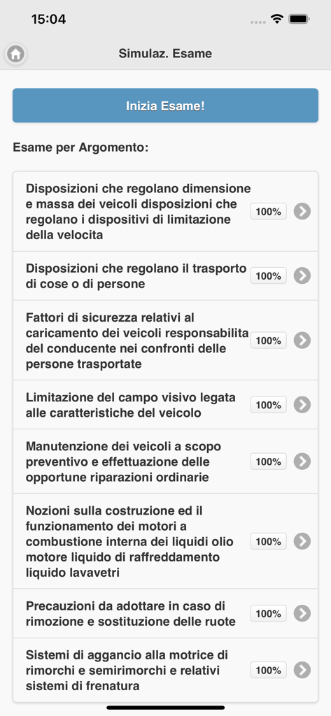 Schermata di simulazione d'esame che mostra gli argomenti di studio per il quiz della patente professionale per camion in Italia