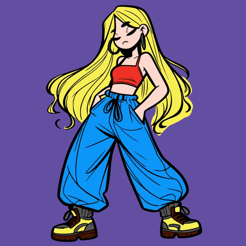 girl in baggy pants crop top and long hair