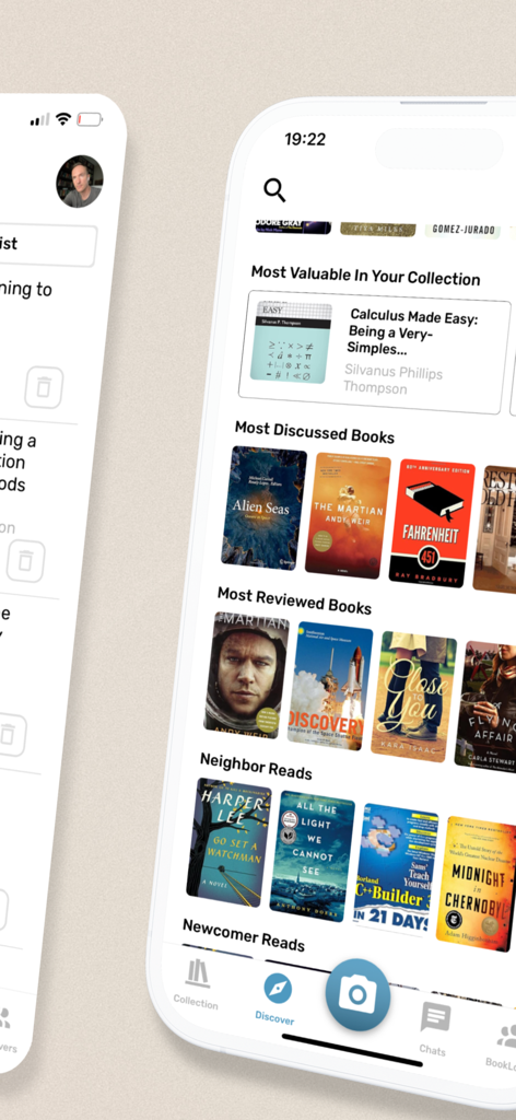 La scheda scopri dell'app Book Lover che mostra categorie curate come I più discussi e Letture dei vicini