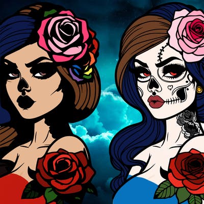 a realistic woman with rose and skull tattoos