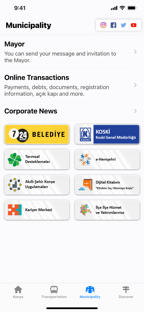 Official municipality services and local government news section of the Konya City Guide mobile app