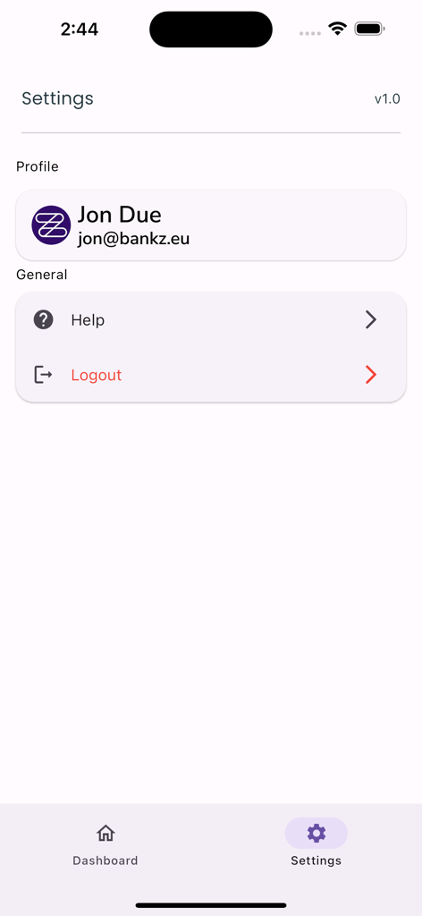 Bankz Cards - The settings screen of the Bankz Cards app showing the user profile and general options including help and logout