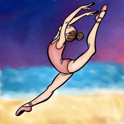 gymnast doing a leap in a leotard with a bent back leg