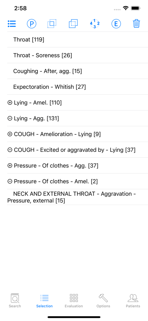 Oberfläche der Boger-App mit einer Liste homöopathischer Rubriken
