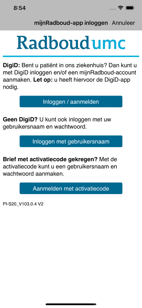 mijnRadboud app login screen featuring DigiD login, username sign-in, and activation code registration options.