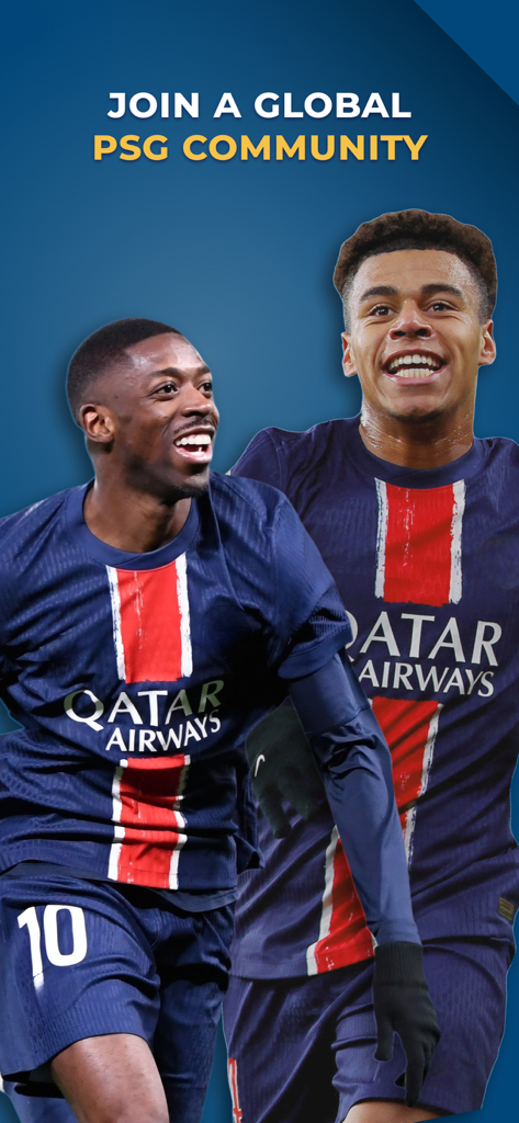 Two smiling PSG football players in team jerseys with the text Join a Global PSG Community