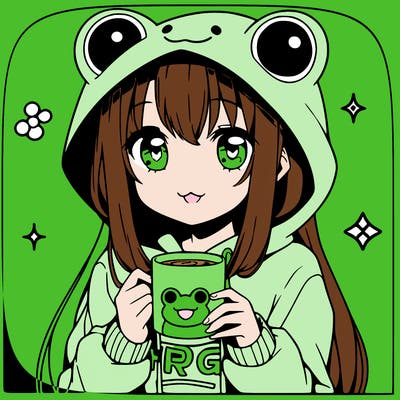 girl in a frog sweatshirt, drinking coffee, anime style