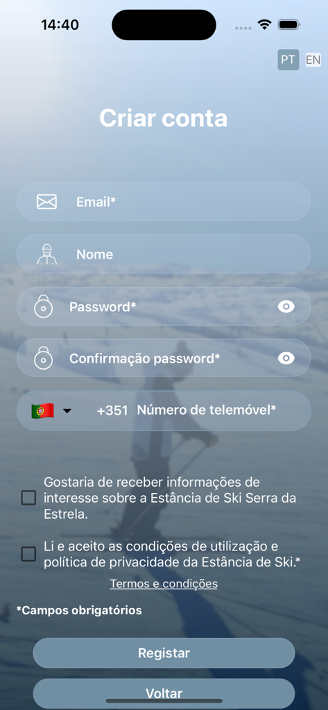 Écran d'inscription pour l'application mobile Ski Serra da Estrela avec des champs pour l'e-mail, le nom et le mot de passe.