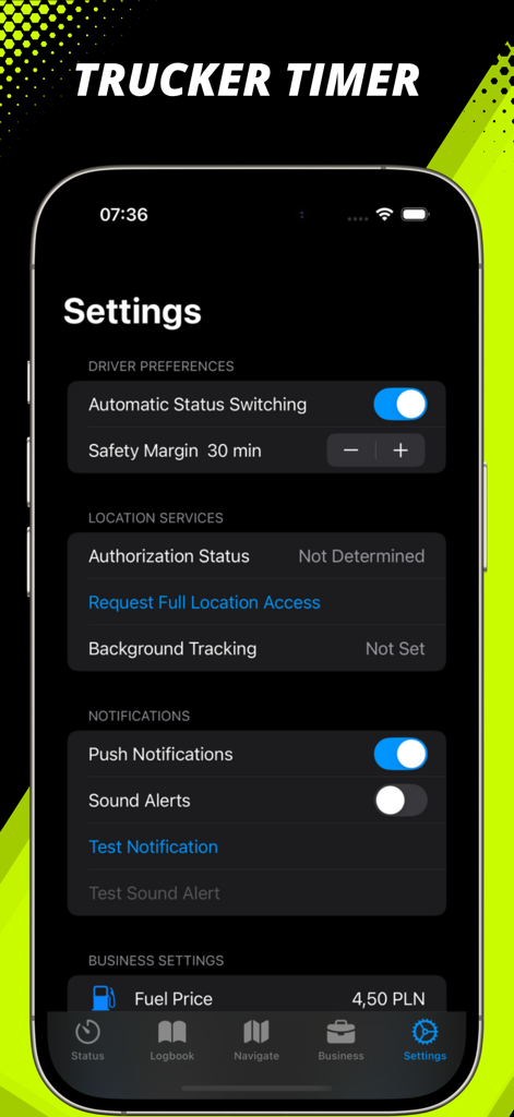 Settings screen of Trucker Timer HOS Compliance app showing driver preferences and notification options in dark mode.