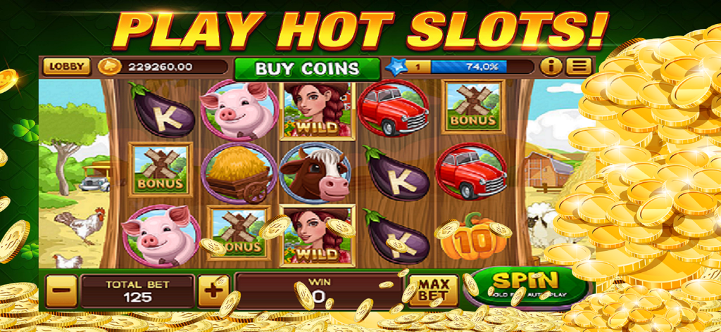 Gameplay screenshot of the farm themed slot machine in Casino Games Vegas Slots 777 featuring cute animal icons and gold coins