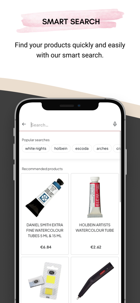 Artemiranda - Artemiranda mobile app smart search screen displaying popular art brands and recommended watercolor tubes.
