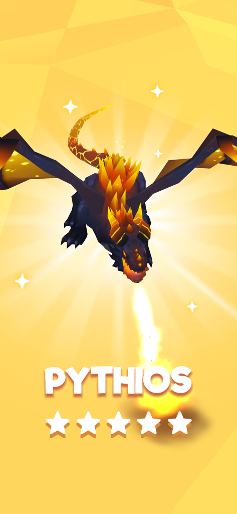 Merge Dragons Dinosaur Games - Un dragón de fuego negro y naranja llamado Pythios con cinco estrellas sobre un fondo amarillo