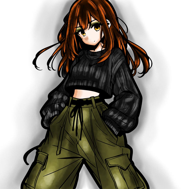anime teen girl with baggy pants and crop top with sweater