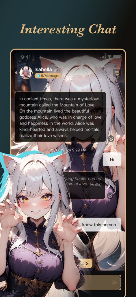 Sophie AI: Roleplay with AI - An interactive chat interface with an anime character named Isabella featuring a narrative story about a goddess.