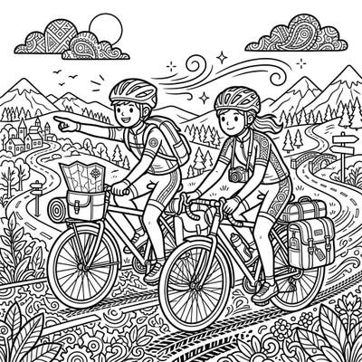 Embark on a creative journey with this delightful coloring page featuring two adventurous cyclists on their scenic vacation. Explore winding roads, majestic mountains, and charming villages, bringing this exciting bike tour to life with your colors.