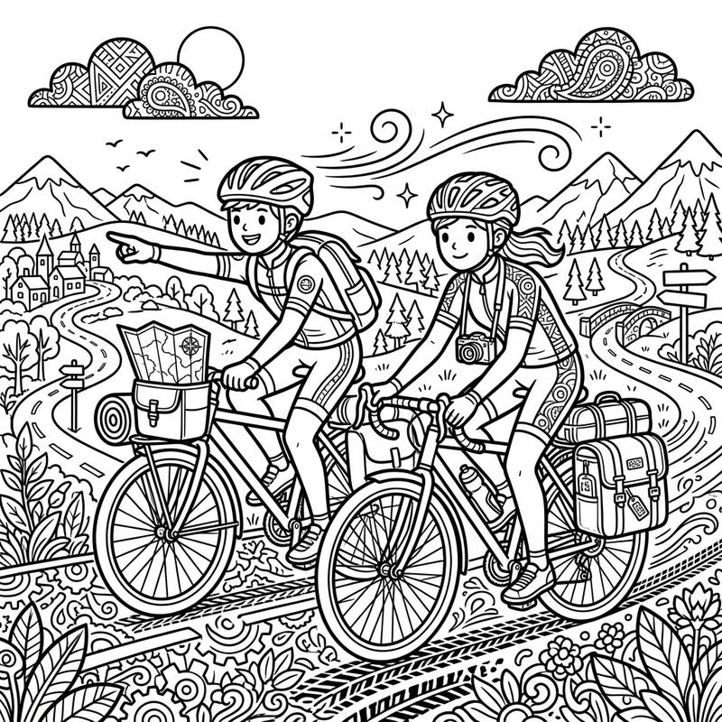 Embark on a creative journey with this delightful coloring page featuring two adventurous cyclists on their scenic vacation. Explore winding roads, majestic mountains, and charming villages, bringing this exciting bike tour to life with your colors.