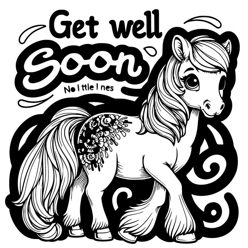a beautiful and realistic mustang (horse) with words above that say "get well soon"
