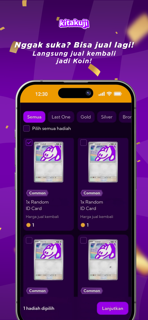 Kitakuji - A mobile interface for the Kitakuji app displaying digital collectible cards and a sell back feature for virtual coins