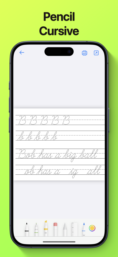 Modern Handwriting Calligraphy - Interfaz de la aplicación móvil mostrando una hoja de práctica de escritura cursiva para calcar la letra B y oraciones de ejemplo.