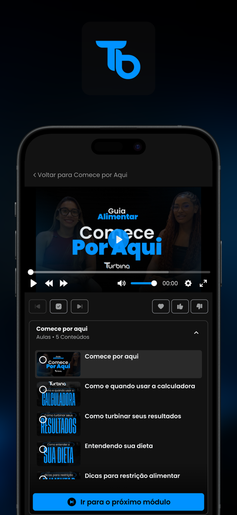 Turbina App - Turbina App video interface showing a nutrition guide and diet lessons by Afrogaby