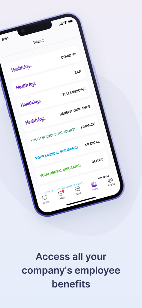 HealthJoy - HealthJoyモバイルアプリの画面に、医療、歯科、眼科保険、遠隔医療のカードを備えたデジタル福利厚生ウォレットが表示されています。