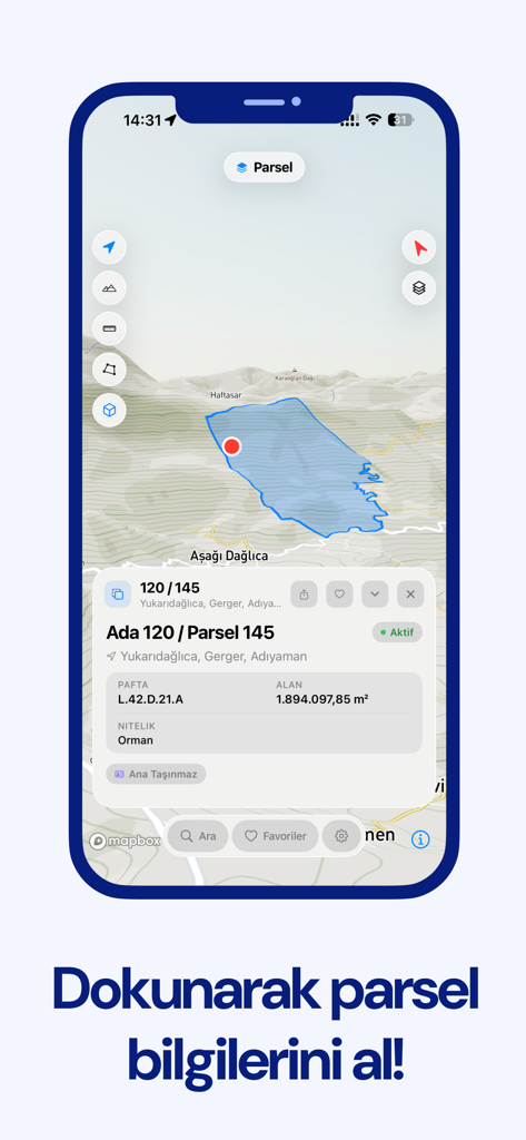 Mobile app interface showing a highlighted land parcel on a map with official Turkish title deed and area details